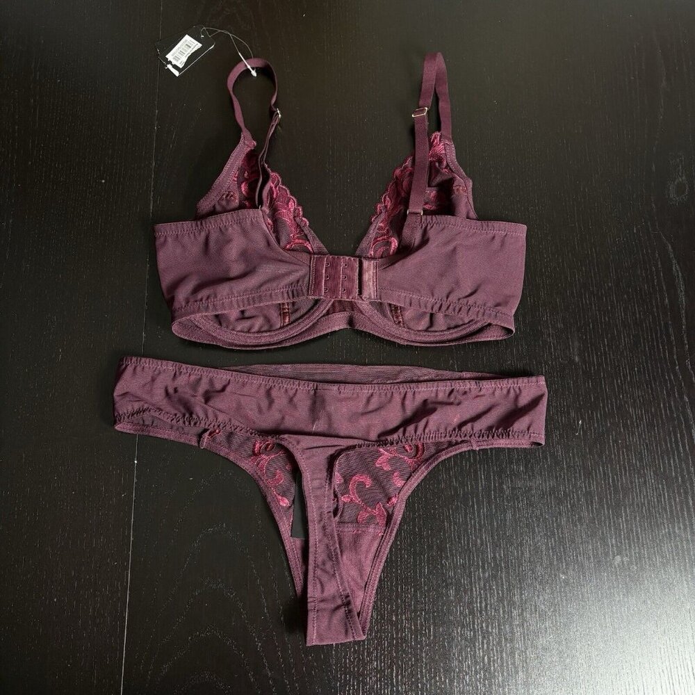 NWT NATORI Size 32DDD Embroidered Underwire Bra M Thong Panties Set Vino/Velvet - Picture 3 of 4